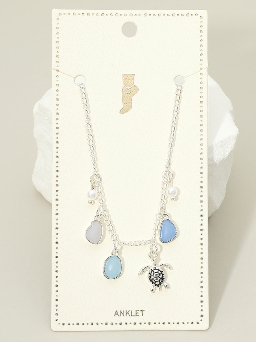 Silver Turtle Charm Anklet with Blue and White Stones